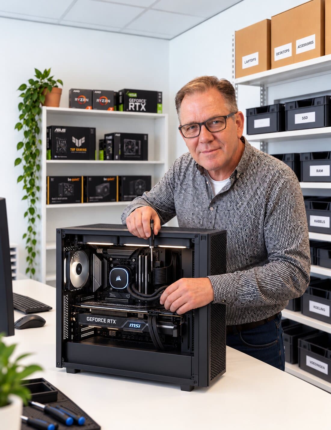 Dick aan de werkbank in de winkel in Veenendaal, bezig met een pc-reparatie